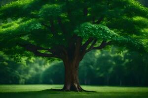 a large tree is standing in the middle of a green field. AI-Generated photo