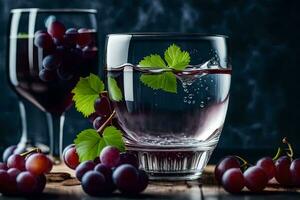 two glasses of wine with grapes on a wooden table. AI-Generated photo