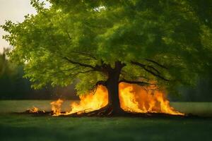 a tree is burning in the middle of a field. AI-Generated photo