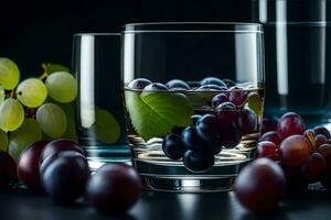grapes and water in glasses on a black background. AI-Generated photo