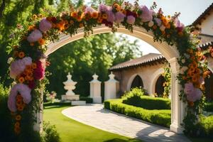 a beautiful archway with flowers and greenery. AI-Generated photo