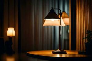 a lamp is on a table in front of a window. AI-Generated photo