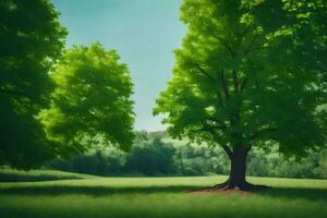 a tree stands in the middle of a green field. AI-Generated photo