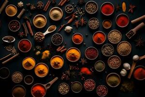 various spices and herbs in bowls on a black background. AI-Generated photo