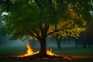 a tree with flames coming out of it in the middle of a field. AI-Generated photo