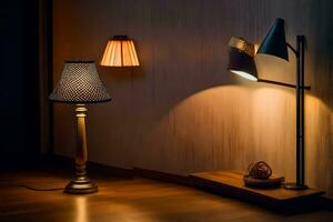 a lamp is on a wooden floor next to a lamp. AI-Generated photo