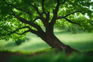 a tree in the grass with green leaves. AI-Generated photo