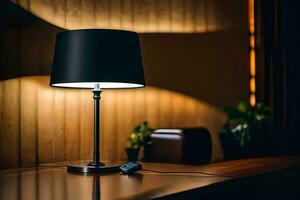 a black table lamp on a wooden table. AI-Generated photo