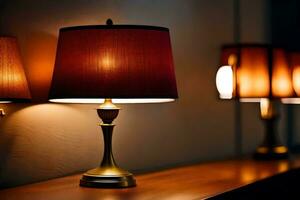 three lamps are on a table in a dimly lit room. AI-Generated photo