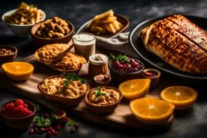 un plato de comida con varios comidas en él. generado por ai foto