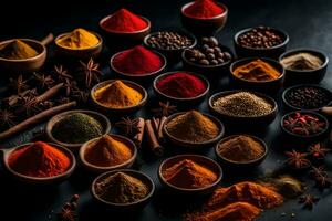 various spices and herbs in bowls on a black background. AI-Generated photo