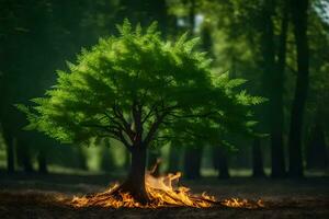 a tree with flames in the middle of a forest. AI-Generated photo