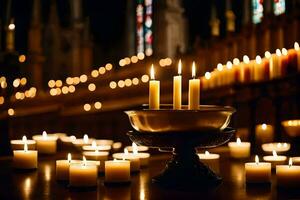 velas son iluminado en un Iglesia con velas generado por ai foto