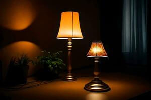 two lamps on a table in the dark. AI-Generated photo