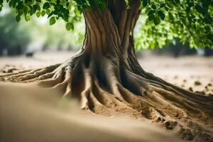 a tree with roots in the sand. AI-Generated photo