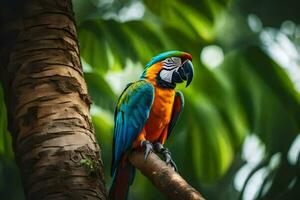 a colorful parrot sits on a branch in the forest. AI-Generated photo