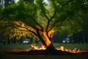 a tree with flames coming out of it in the middle of a field. AI-Generated photo