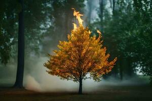 a burning tree in the woods. AI-Generated photo