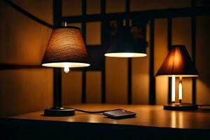 three lamps are on a table in a dark room. AI-Generated photo