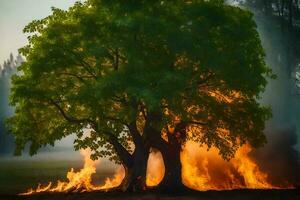 a tree is burning in the middle of a field. AI-Generated photo