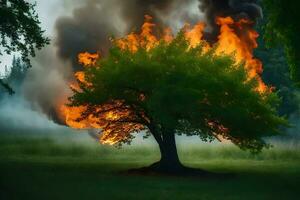 un ardiente árbol en el medio de un campo. generado por ai foto