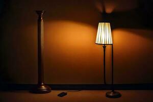 a lamp and a lamp stand in a dark room. AI-Generated photo