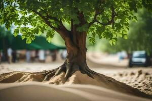 a tree growing out of the sand in the desert. AI-Generated photo