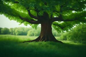 a large tree in a green field with grass. AI-Generated photo