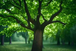 a tree in the middle of a green field. AI-Generated photo