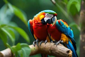 two colorful parrots sitting on a branch. AI-Generated photo