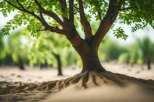 a tree with roots in the sand. AI-Generated photo