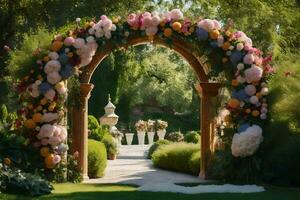 a wedding arch decorated with flowers. AI-Generated photo