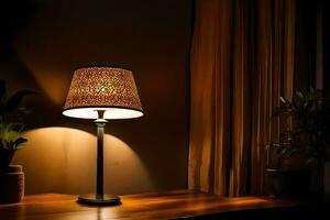 a lamp on a table in front of a window. AI-Generated photo