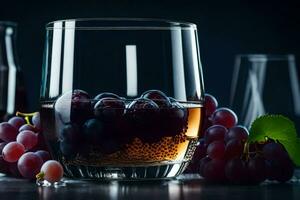 a glass of wine with grapes and ice. AI-Generated photo