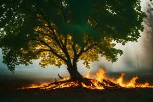 a tree with flames and smoke in the background. AI-Generated photo