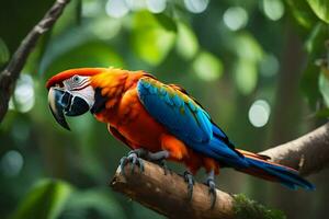 a colorful parrot sits on a branch in the forest. AI-Generated photo