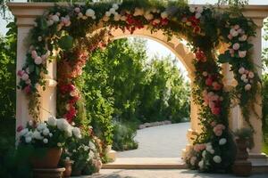 an archway with flowers and greenery. AI-Generated photo