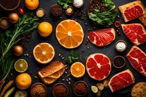 various fruits and vegetables arranged on a black background. AI-Generated photo