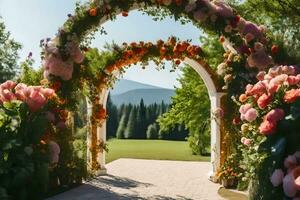 un Boda arco con flores en el antecedentes. generado por ai foto