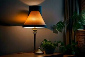 a lamp is on a table next to a plant. AI-Generated photo