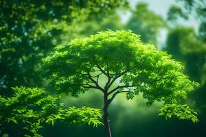 a tree in the middle of a green forest. AI-Generated photo