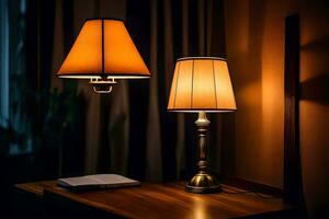 two lamps on a table in the dark. AI-Generated photo