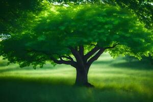 a tree in the middle of a green field. AI-Generated photo