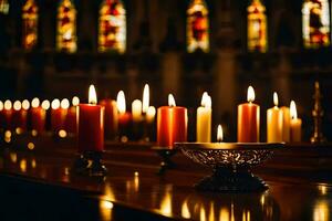 velas son iluminado en un Iglesia con velas generado por ai foto