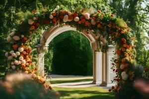 an archway decorated with flowers and greenery. AI-Generated photo