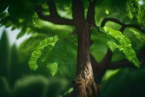 a tree with green leaves and a green background. AI-Generated photo