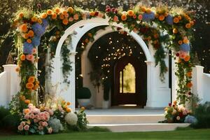 a wedding arch decorated with flowers and greenery. AI-Generated photo