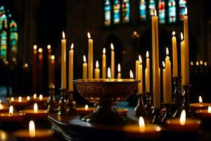 candles are lit in a church with stained glass windows. AI-Generated photo