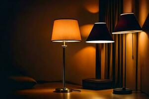 two lamps sit on a table in front of a curtain. AI-Generated photo