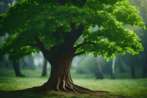 un árbol con raíces en el césped. generado por ai foto